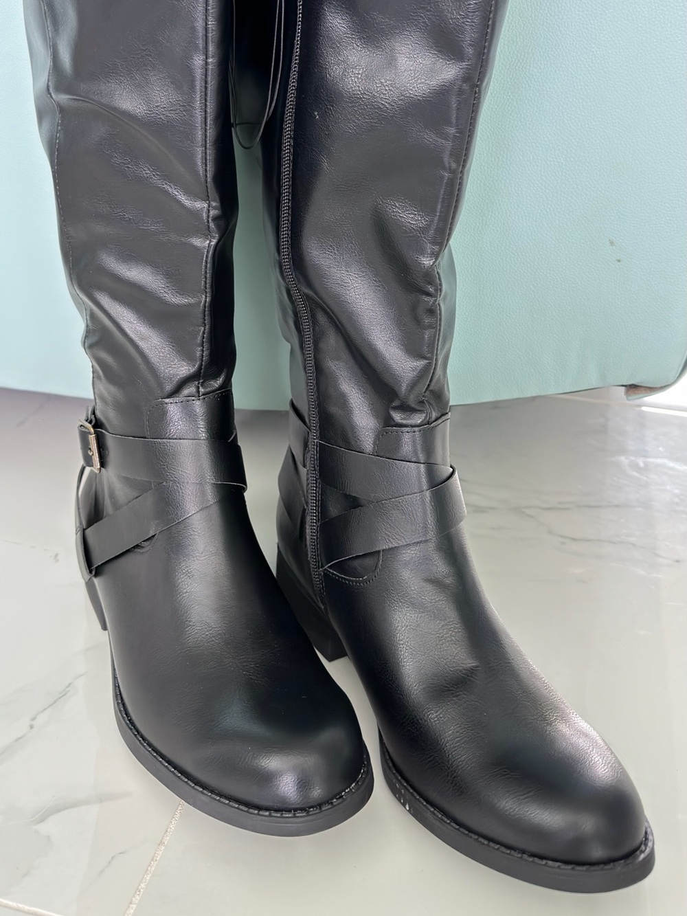 Women's Over-the-Knee Black Faux Leather Boots with Buckle Strap